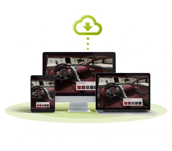 A 3D car interior configurator streamed from the cloud to a desktop, laptop and tablet